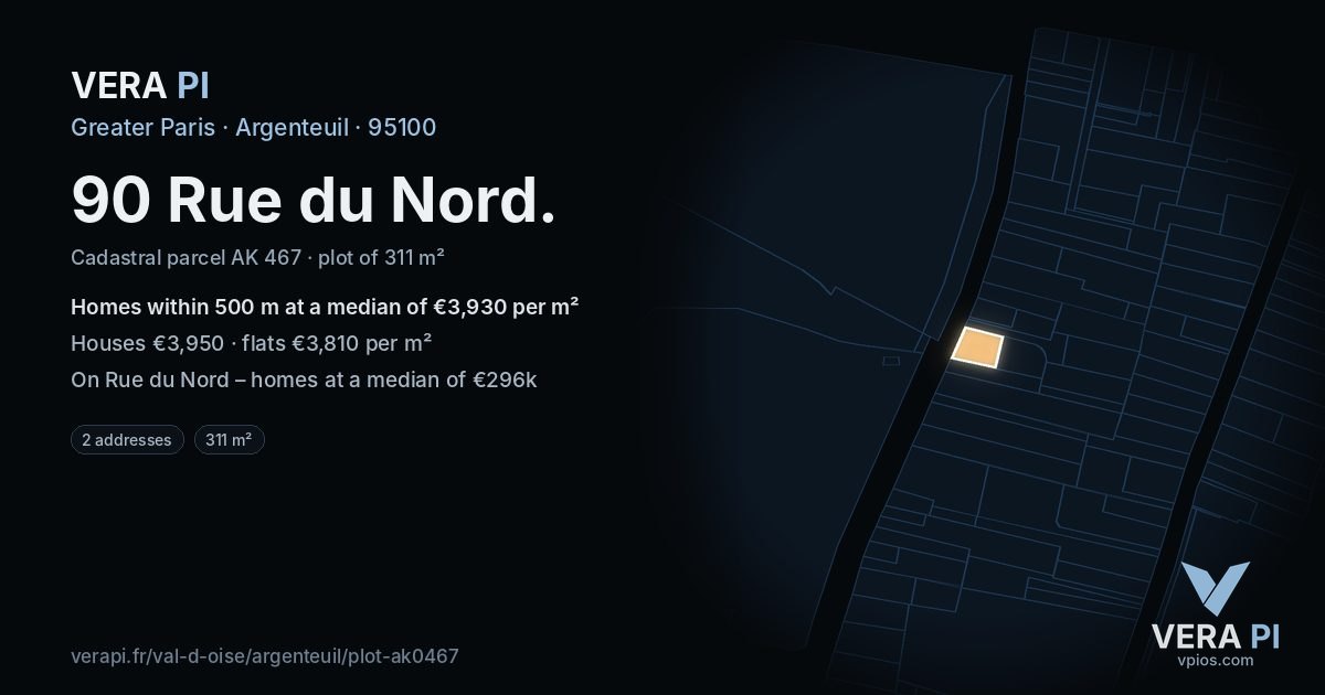 90 Rue du Nord, Argenteuil at night – the plot lit, the parcels around coloured by the prices near them