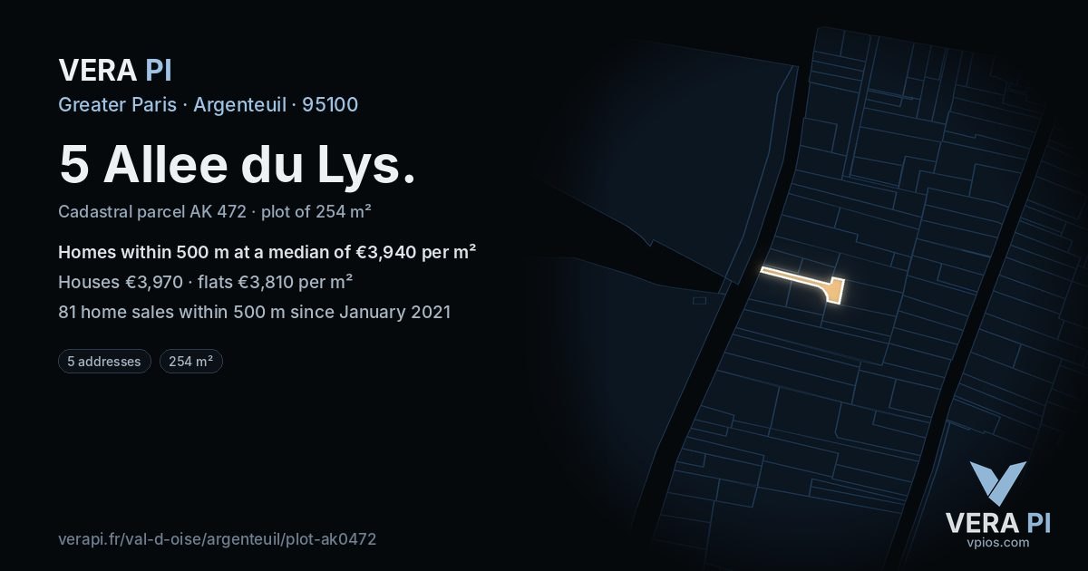 5 Allee du Lys, Argenteuil at night – the plot lit, the parcels around coloured by the prices near them