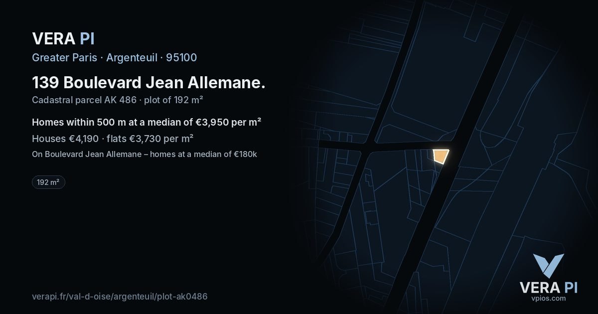 139 Boulevard Jean Allemane, Argenteuil at night – the plot lit, the parcels around coloured by the prices near them