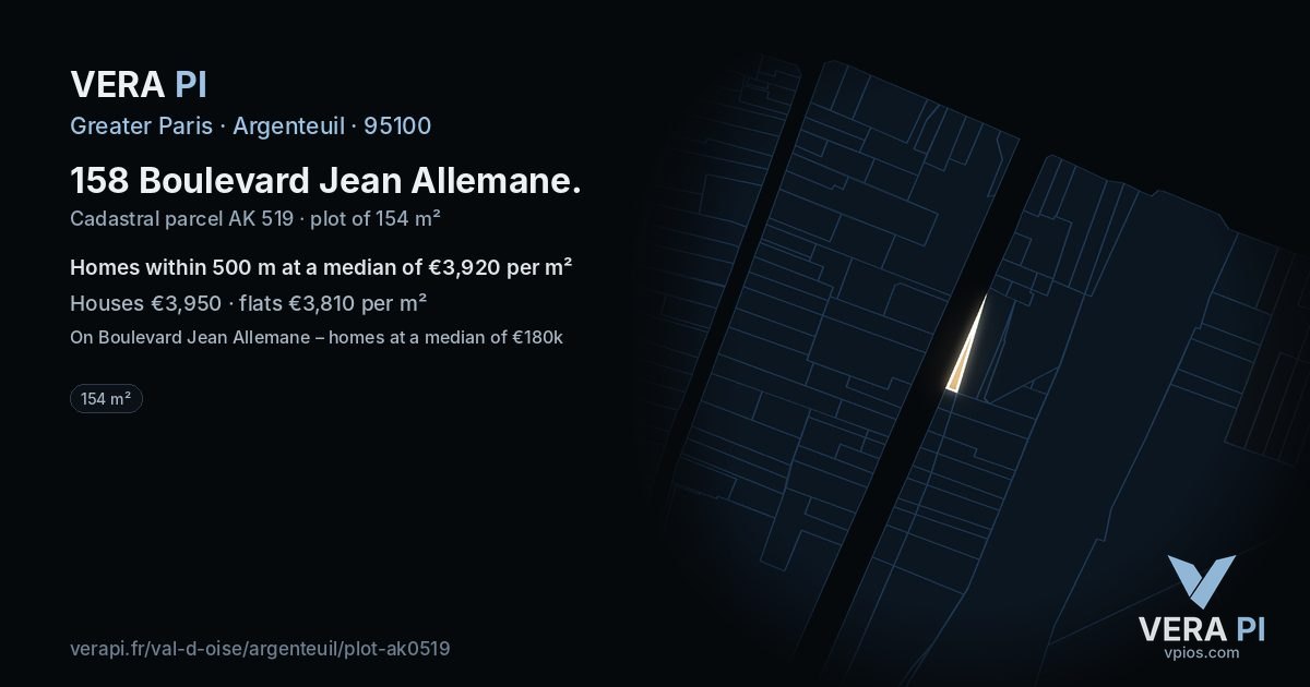 158 Boulevard Jean Allemane, Argenteuil at night – the plot lit, the parcels around coloured by the prices near them