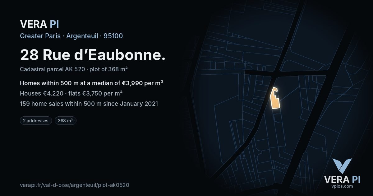 28 Rue d’Eaubonne, Argenteuil at night – the plot lit, the parcels around coloured by the prices near them