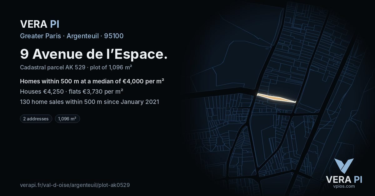 9 Avenue de l’Espace, Argenteuil at night – the plot lit, the parcels around coloured by the prices near them