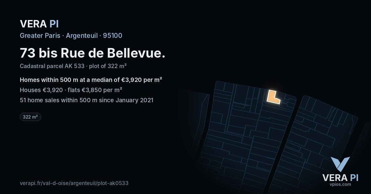 73 bis Rue de Bellevue, Argenteuil at night – the plot lit, the parcels around coloured by the prices near them