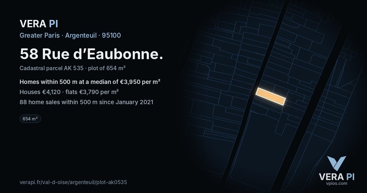 58 Rue d’Eaubonne, Argenteuil at night – the plot lit, the parcels around coloured by the prices near them
