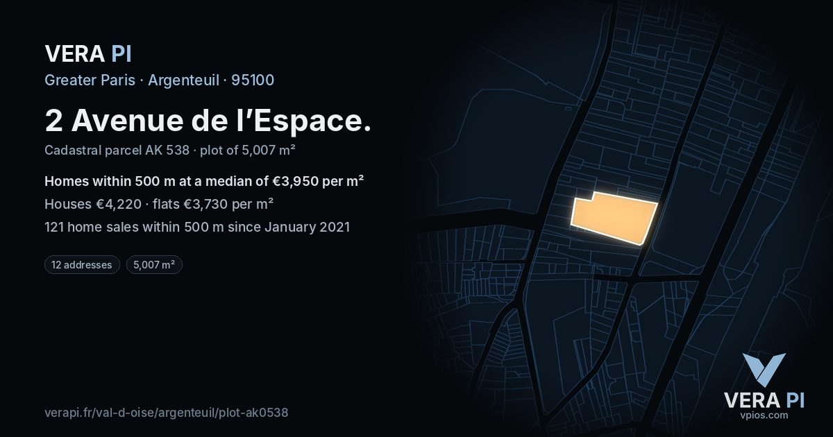 2 Avenue de l’Espace, Argenteuil at night – the plot lit, the parcels around coloured by the prices near them