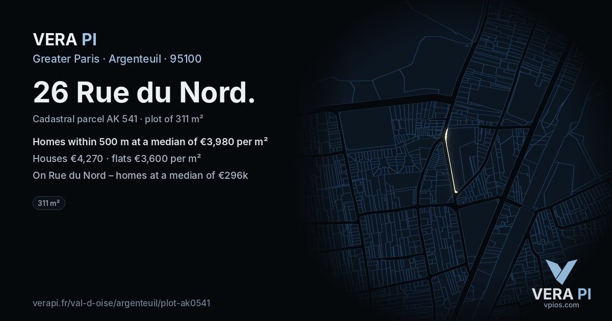 26 Rue du Nord, Argenteuil at night – the plot lit, the parcels around coloured by the prices near them