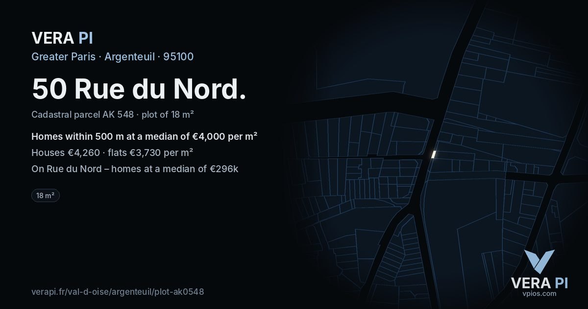 50 Rue du Nord, Argenteuil at night – the plot lit, the parcels around coloured by the prices near them