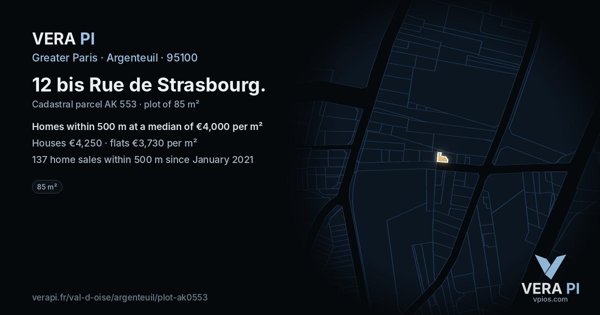 12 bis Rue de Strasbourg, Argenteuil at night – the plot lit, the parcels around coloured by the prices near them