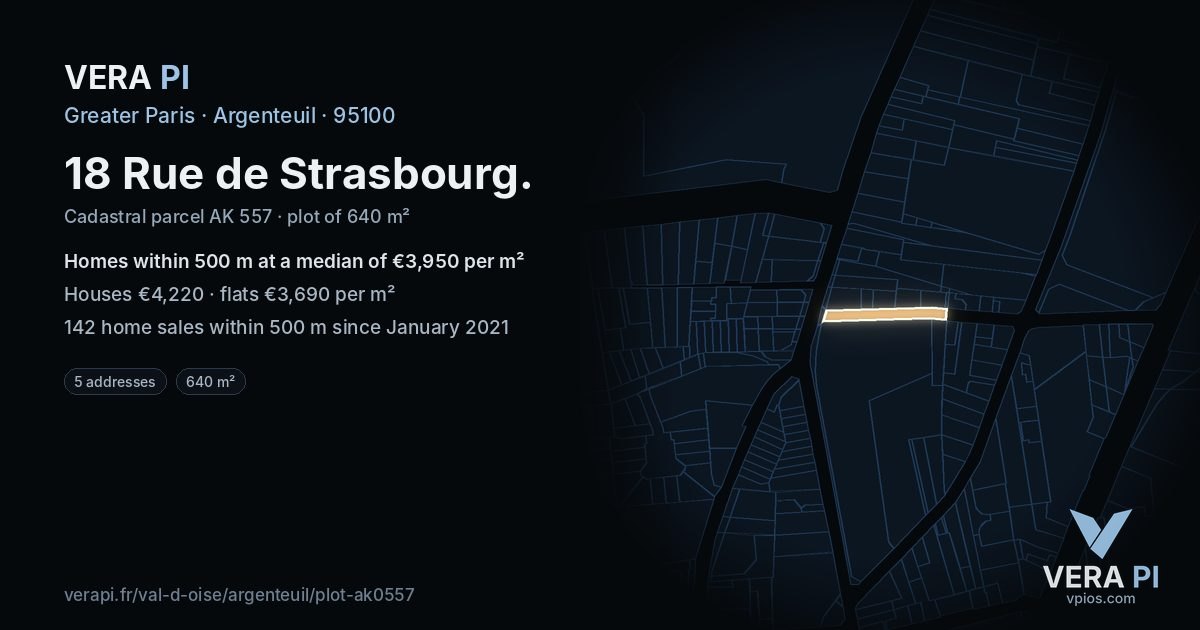 18 Rue de Strasbourg, Argenteuil at night – the plot lit, the parcels around coloured by the prices near them