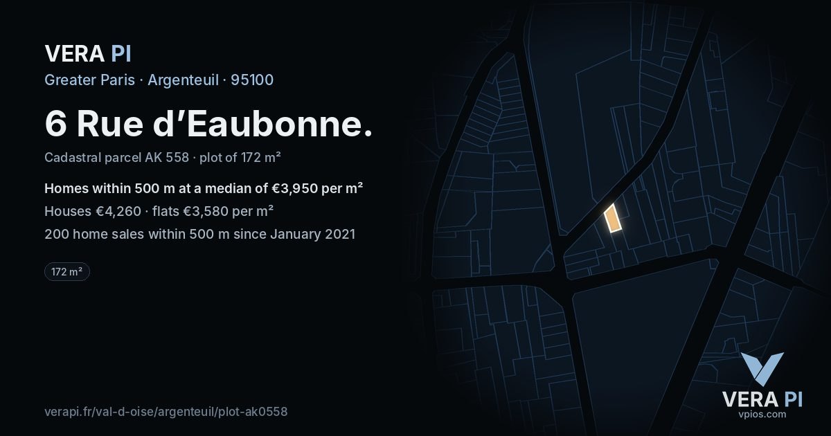 6 Rue d’Eaubonne, Argenteuil at night – the plot lit, the parcels around coloured by the prices near them