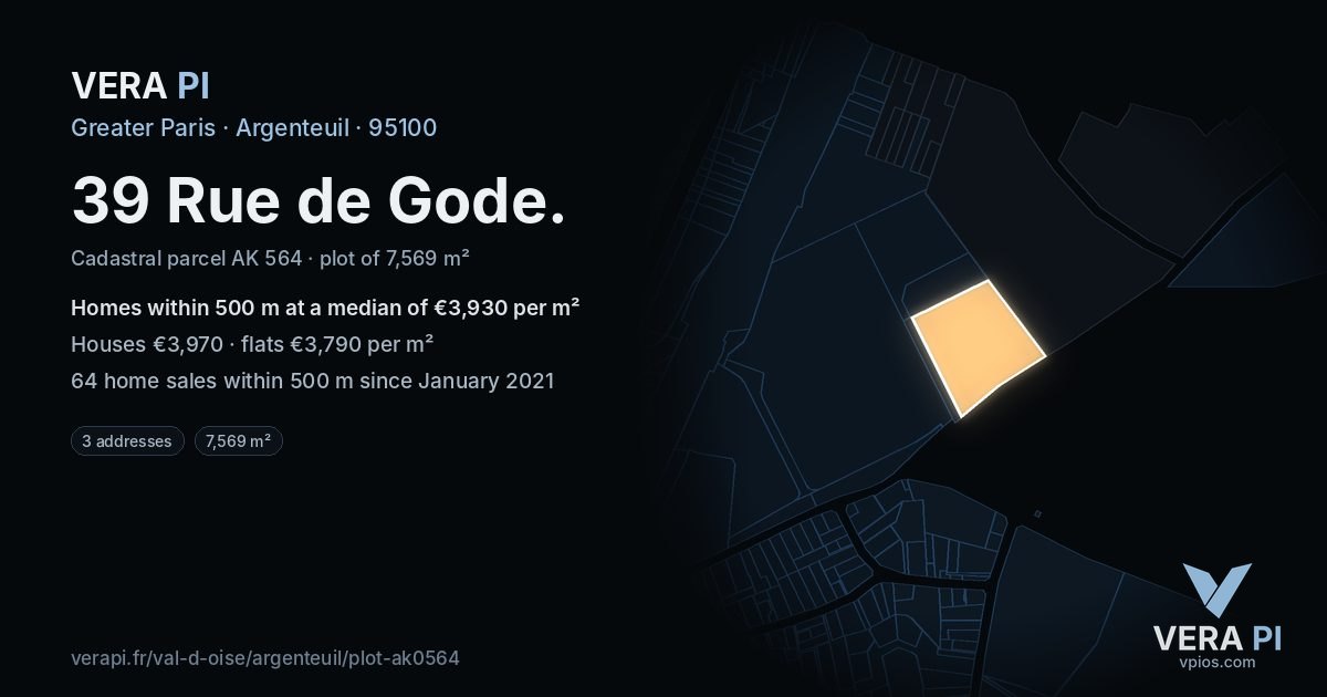 39 Rue de Gode, Argenteuil at night – the plot lit, the parcels around coloured by the prices near them