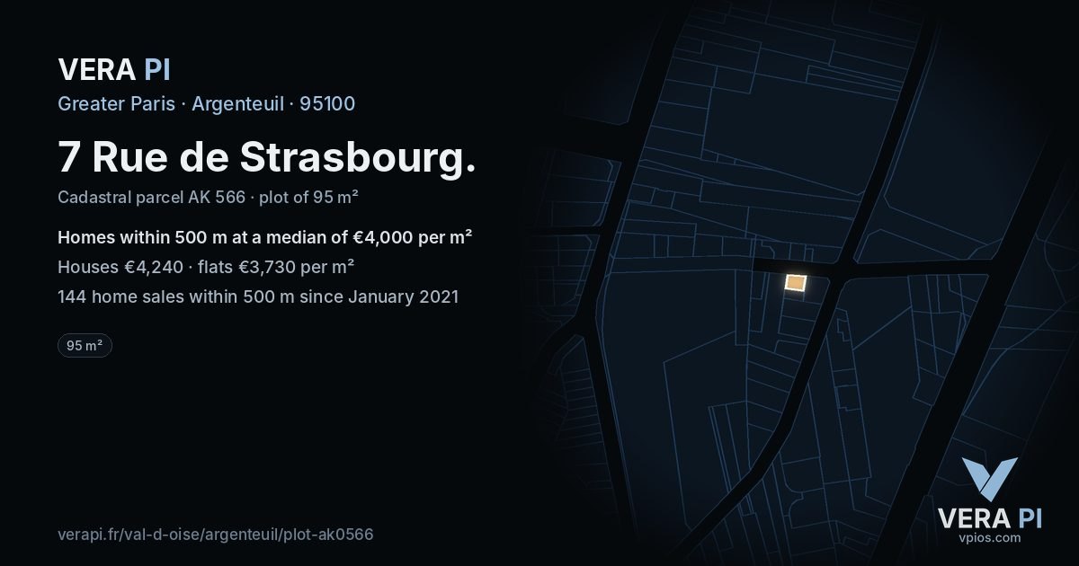 7 Rue de Strasbourg, Argenteuil at night – the plot lit, the parcels around coloured by the prices near them