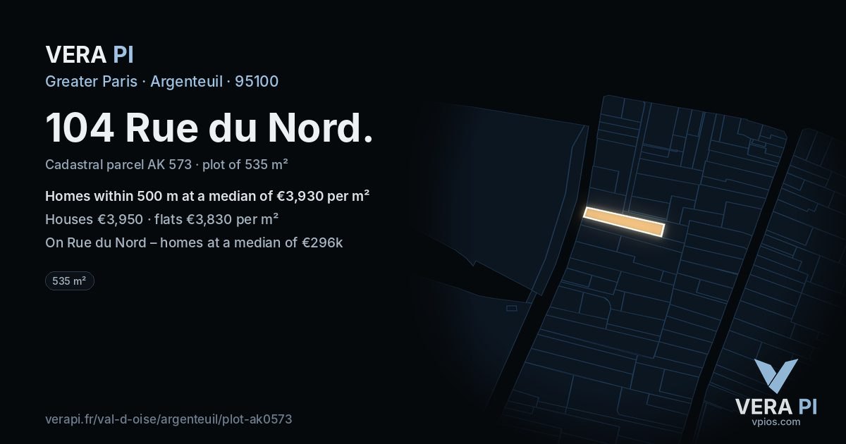 104 Rue du Nord, Argenteuil at night – the plot lit, the parcels around coloured by the prices near them