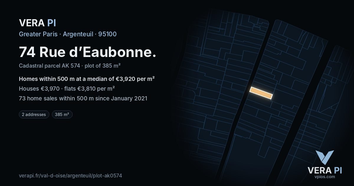 74 Rue d’Eaubonne, Argenteuil at night – the plot lit, the parcels around coloured by the prices near them