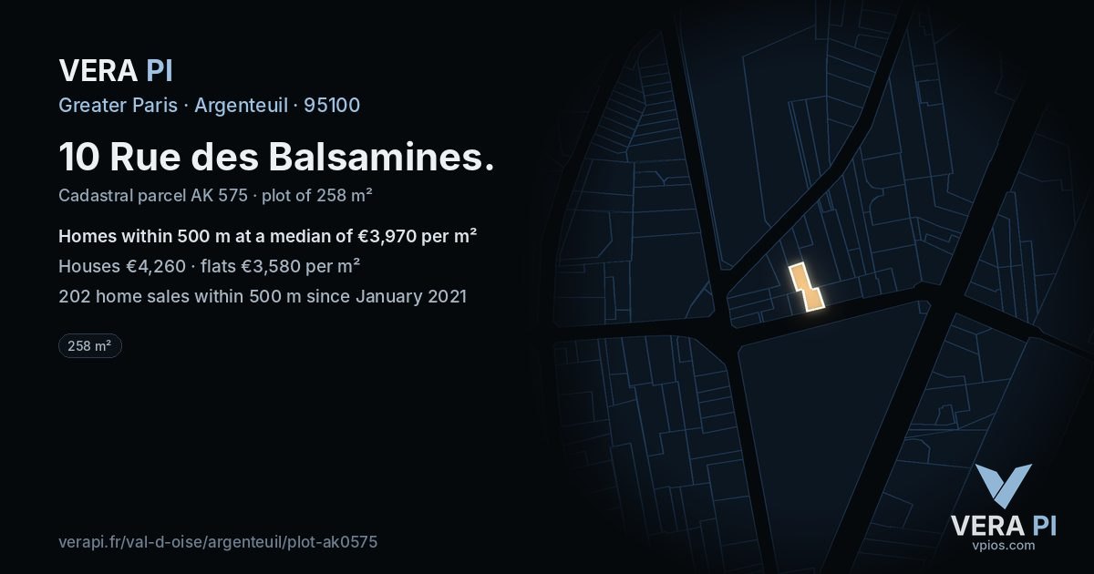 10 Rue des Balsamines, Argenteuil at night – the plot lit, the parcels around coloured by the prices near them
