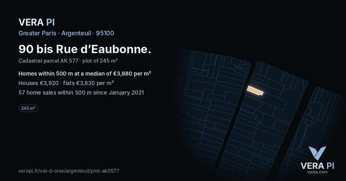 90 bis Rue d’Eaubonne, Argenteuil at night – the plot lit, the parcels around coloured by the prices near them