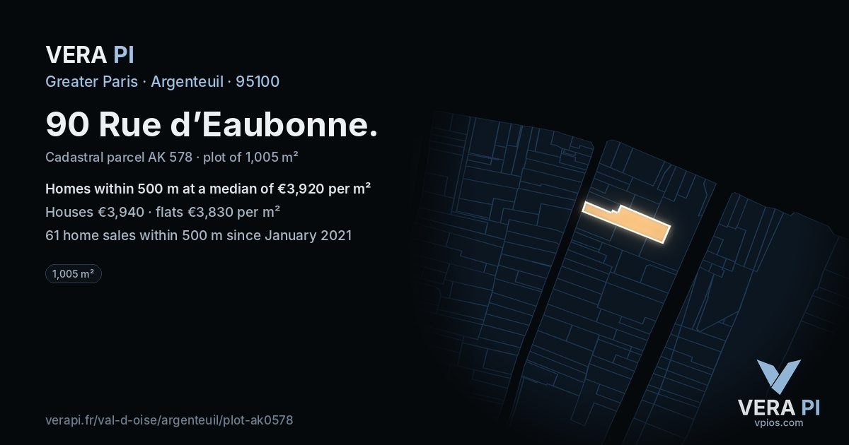 90 Rue d’Eaubonne, Argenteuil at night – the plot lit, the parcels around coloured by the prices near them