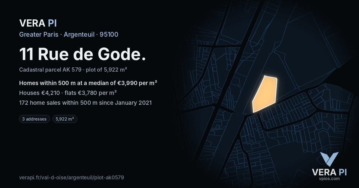 11 Rue de Gode, Argenteuil at night – the plot lit, the parcels around coloured by the prices near them