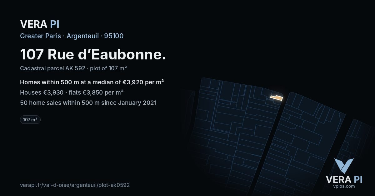 107 Rue d’Eaubonne, Argenteuil at night – the plot lit, the parcels around coloured by the prices near them