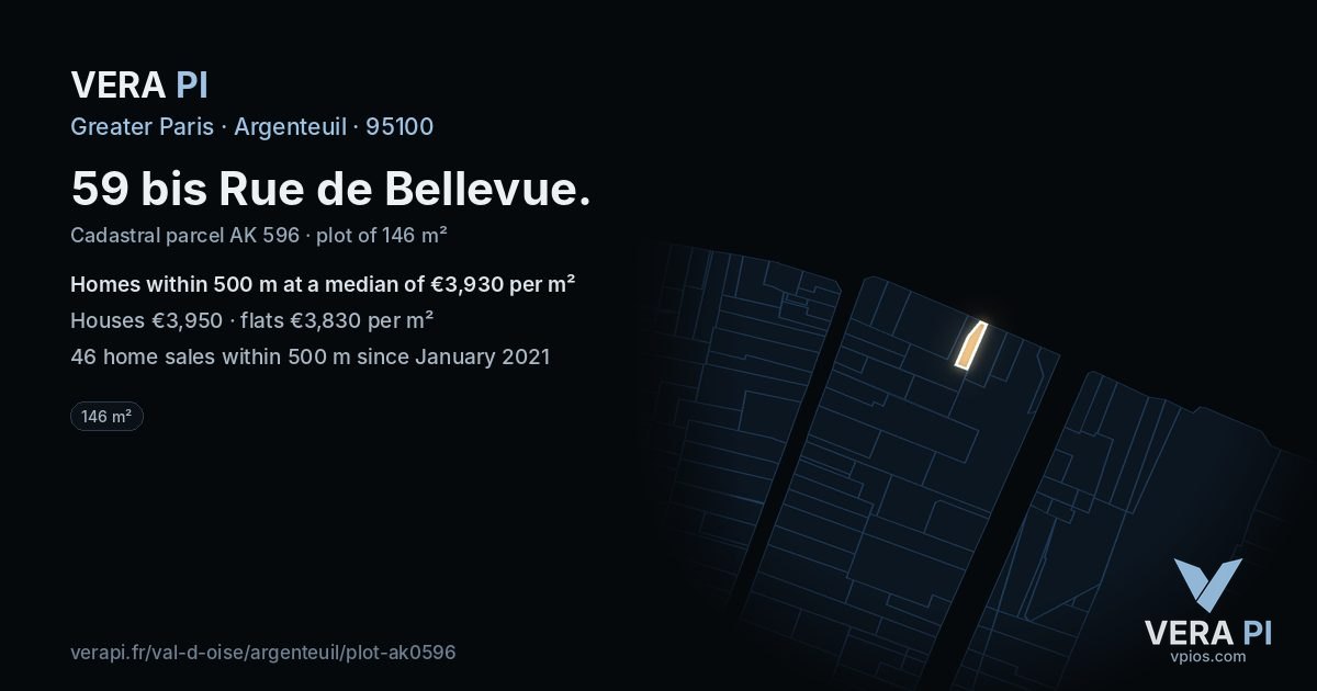 59 bis Rue de Bellevue, Argenteuil at night – the plot lit, the parcels around coloured by the prices near them