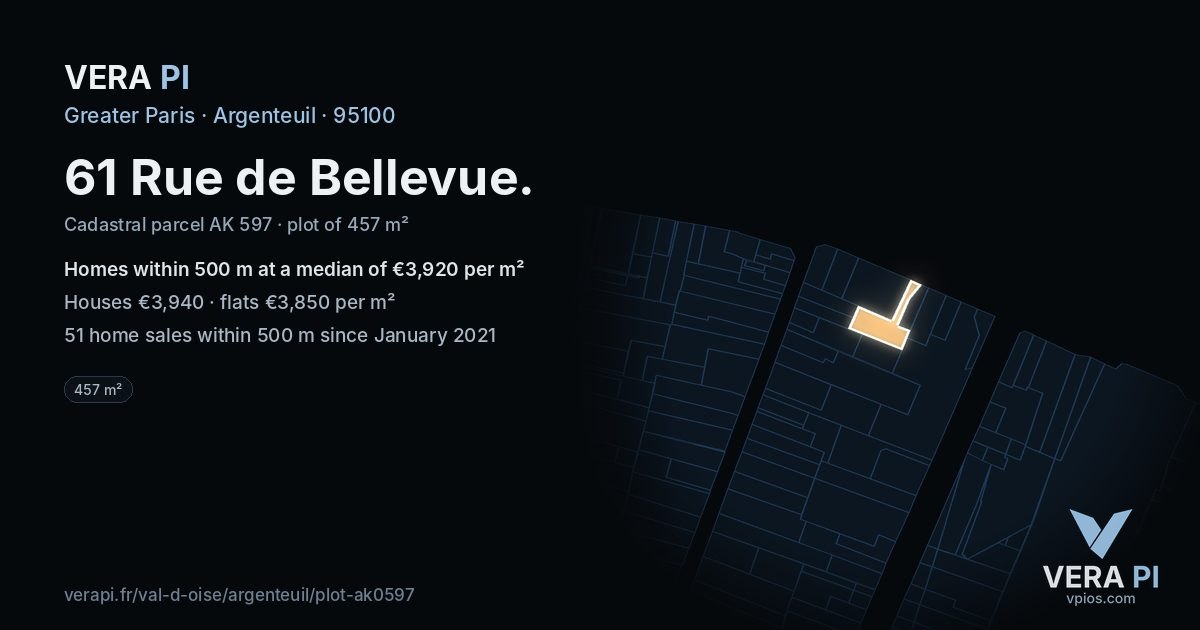 61 Rue de Bellevue, Argenteuil at night – the plot lit, the parcels around coloured by the prices near them