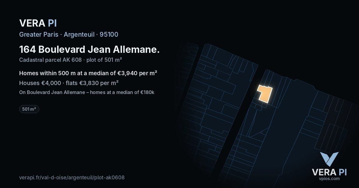 164 Boulevard Jean Allemane, Argenteuil at night – the plot lit, the parcels around coloured by the prices near them