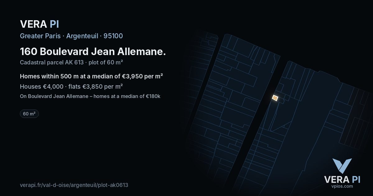 160 Boulevard Jean Allemane, Argenteuil at night – the plot lit, the parcels around coloured by the prices near them