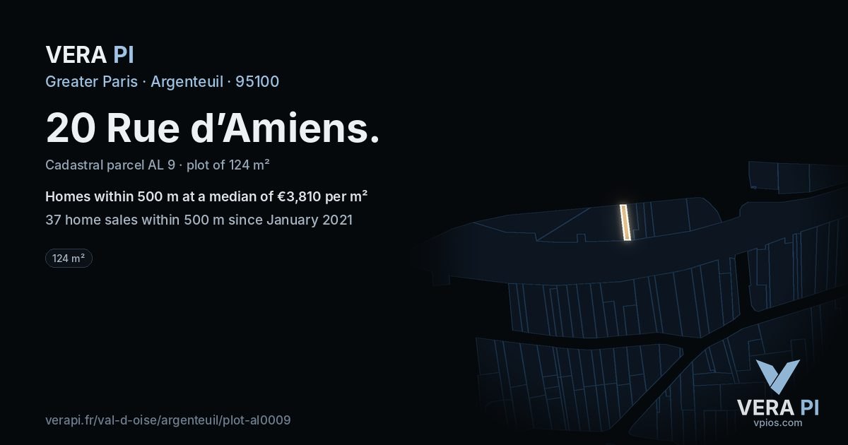 20 Rue d’Amiens, Argenteuil at night – the plot lit, the parcels around coloured by the prices near them
