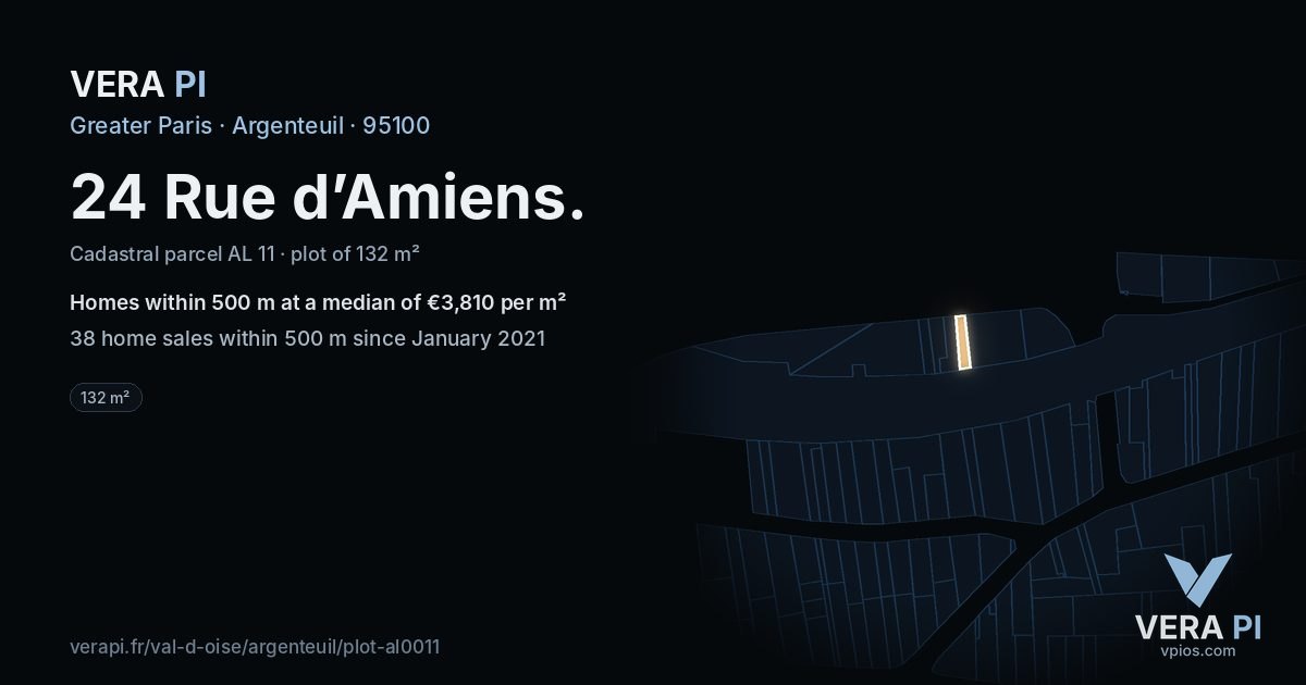 24 Rue d’Amiens, Argenteuil at night – the plot lit, the parcels around coloured by the prices near them