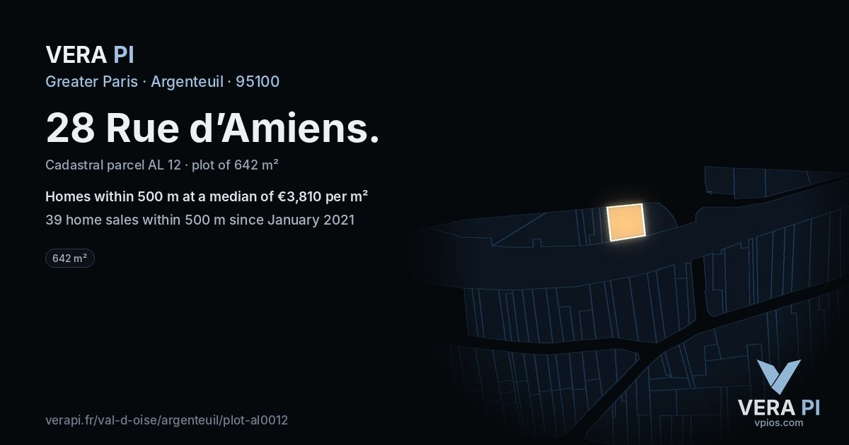 28 Rue d’Amiens, Argenteuil at night – the plot lit, the parcels around coloured by the prices near them