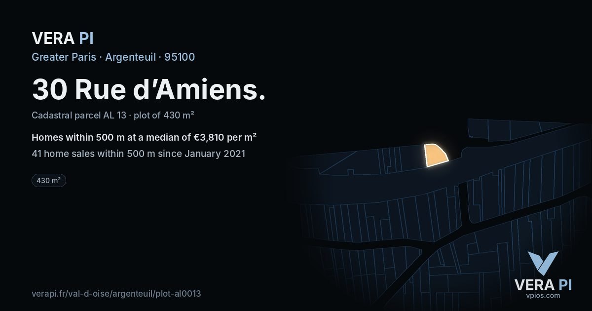 30 Rue d’Amiens, Argenteuil at night – the plot lit, the parcels around coloured by the prices near them