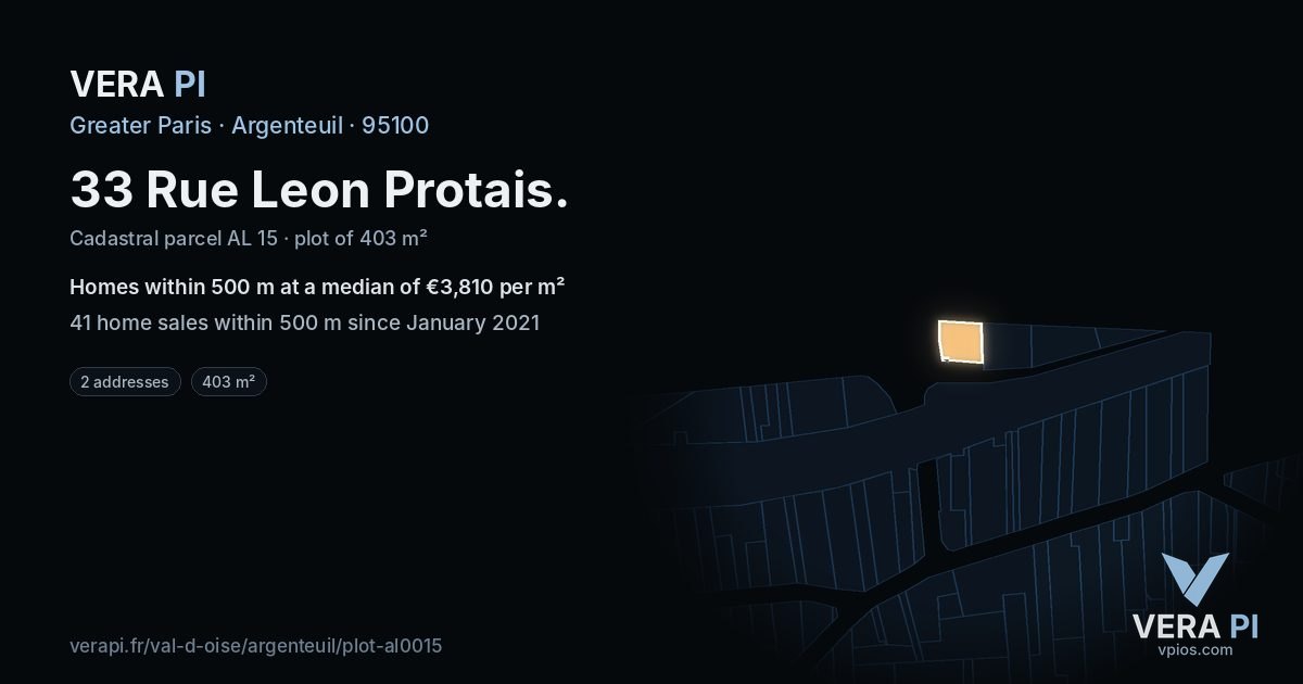 33 Rue Leon Protais, Argenteuil at night – the plot lit, the parcels around coloured by the prices near them