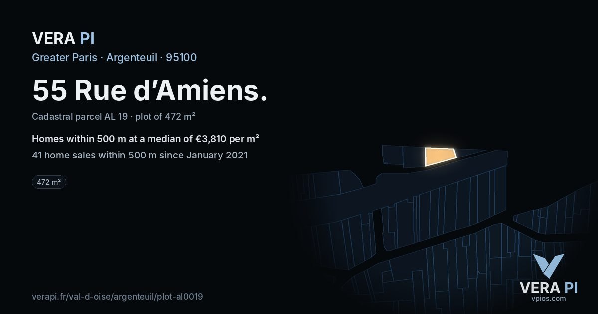 55 Rue d’Amiens, Argenteuil at night – the plot lit, the parcels around coloured by the prices near them