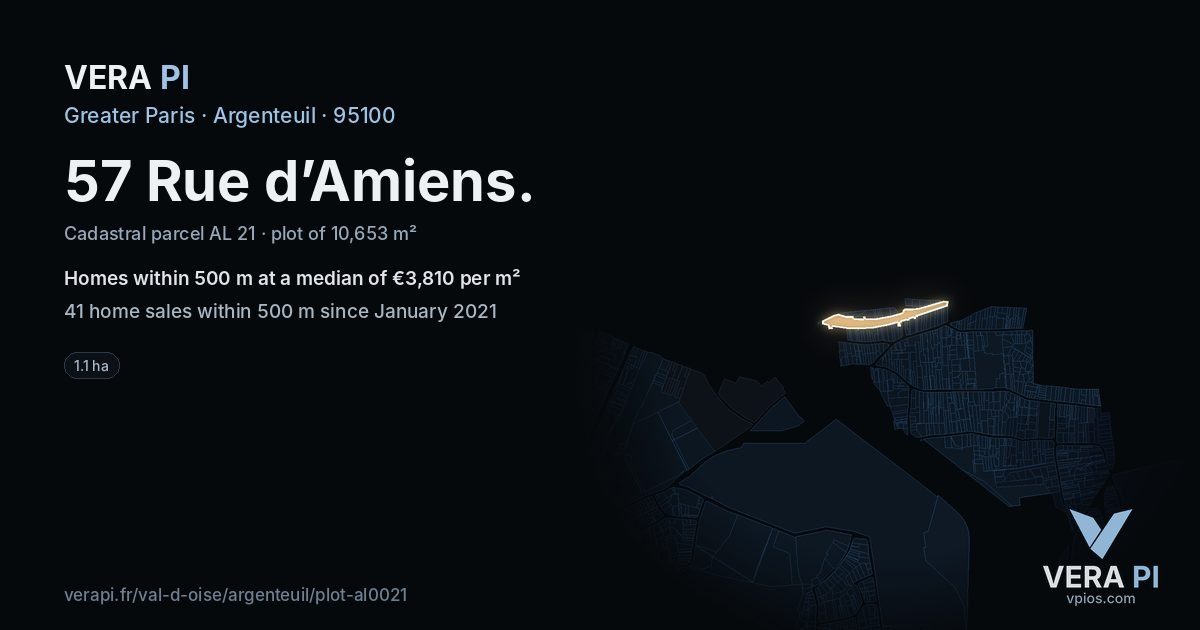 57 Rue d’Amiens, Argenteuil at night – the plot lit, the parcels around coloured by the prices near them