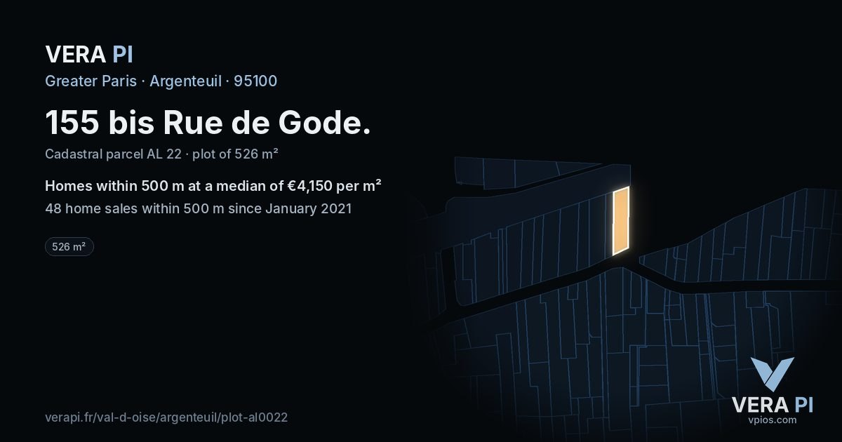 155 bis Rue de Gode, Argenteuil at night – the plot lit, the parcels around coloured by the prices near them