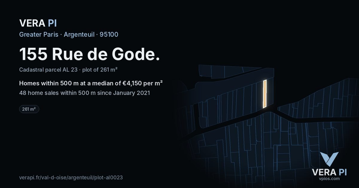 155 Rue de Gode, Argenteuil at night – the plot lit, the parcels around coloured by the prices near them