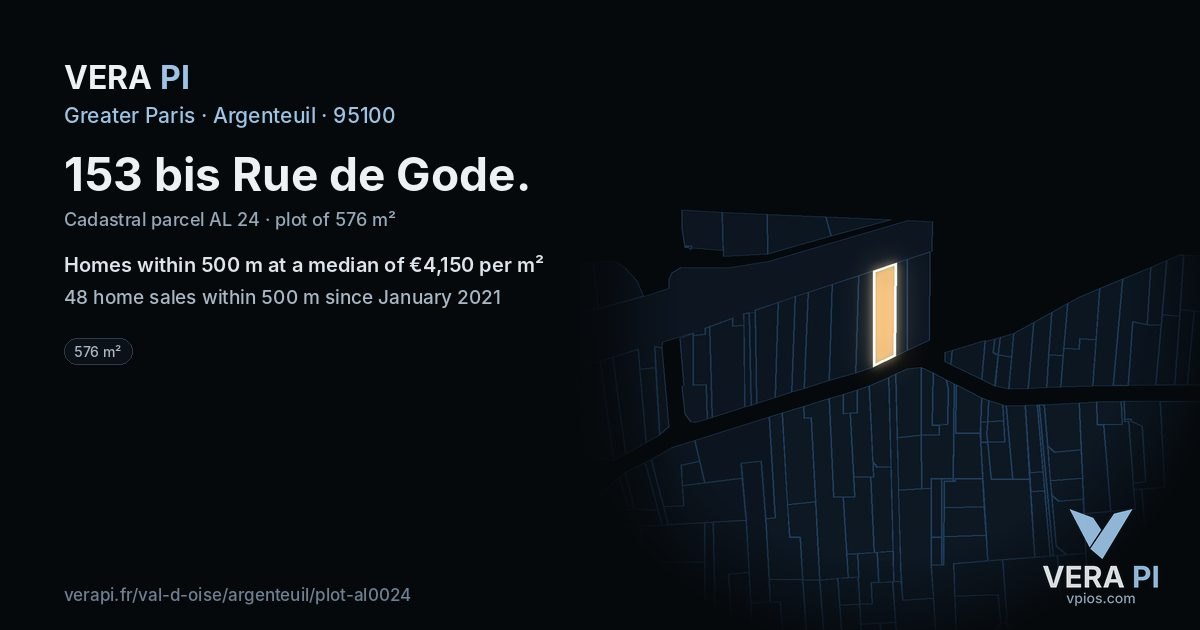 153 bis Rue de Gode, Argenteuil at night – the plot lit, the parcels around coloured by the prices near them