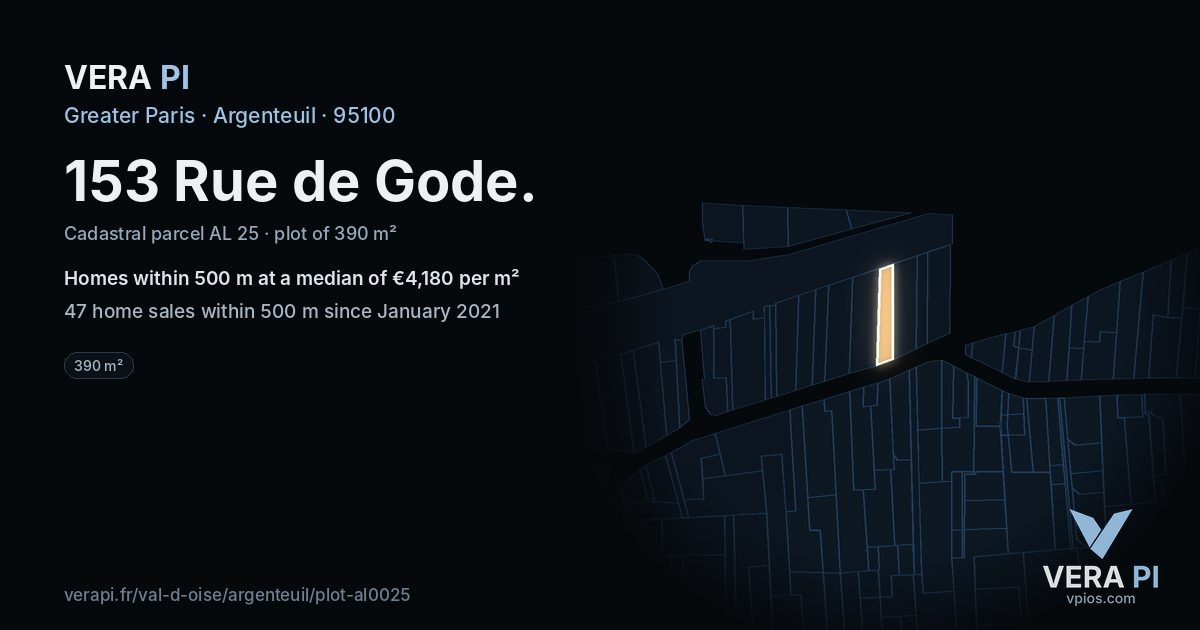 153 Rue de Gode, Argenteuil at night – the plot lit, the parcels around coloured by the prices near them