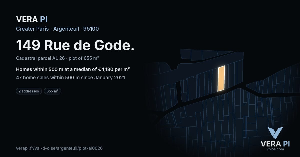 149 Rue de Gode, Argenteuil at night – the plot lit, the parcels around coloured by the prices near them
