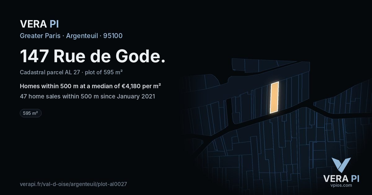 147 Rue de Gode, Argenteuil at night – the plot lit, the parcels around coloured by the prices near them