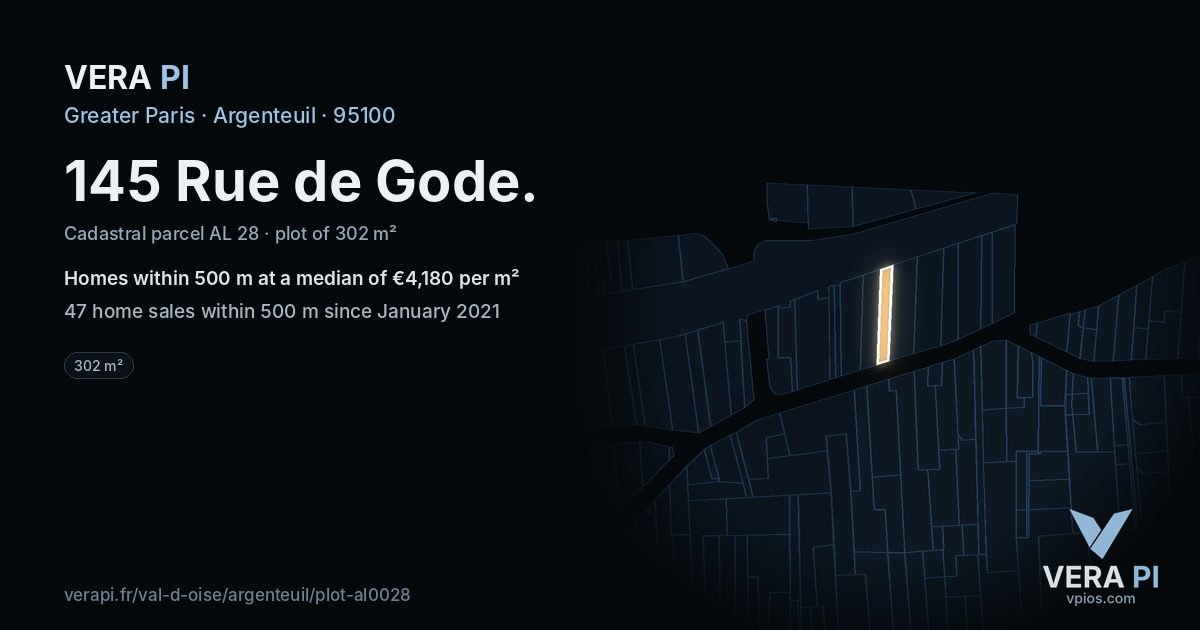 145 Rue de Gode, Argenteuil at night – the plot lit, the parcels around coloured by the prices near them