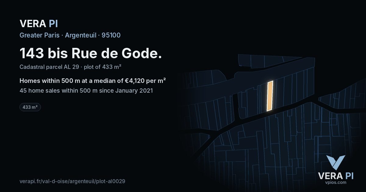 143 bis Rue de Gode, Argenteuil at night – the plot lit, the parcels around coloured by the prices near them