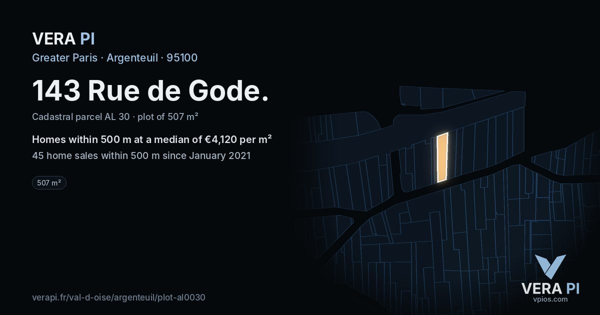 143 Rue de Gode, Argenteuil at night – the plot lit, the parcels around coloured by the prices near them