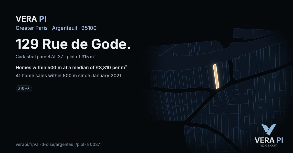 129 Rue de Gode, Argenteuil at night – the plot lit, the parcels around coloured by the prices near them