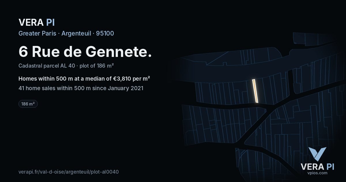6 Rue de Gennete, Argenteuil at night – the plot lit, the parcels around coloured by the prices near them