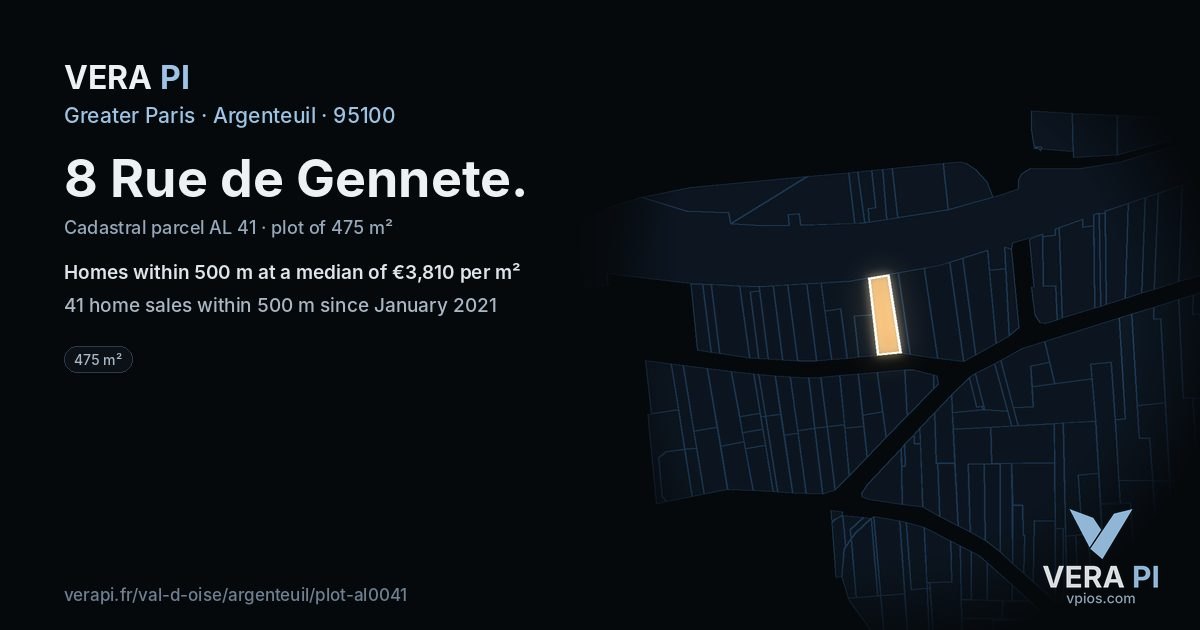 8 Rue de Gennete, Argenteuil at night – the plot lit, the parcels around coloured by the prices near them