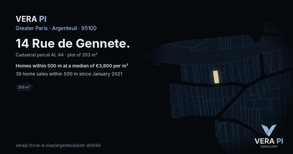 14 Rue de Gennete, Argenteuil at night – the plot lit, the parcels around coloured by the prices near them