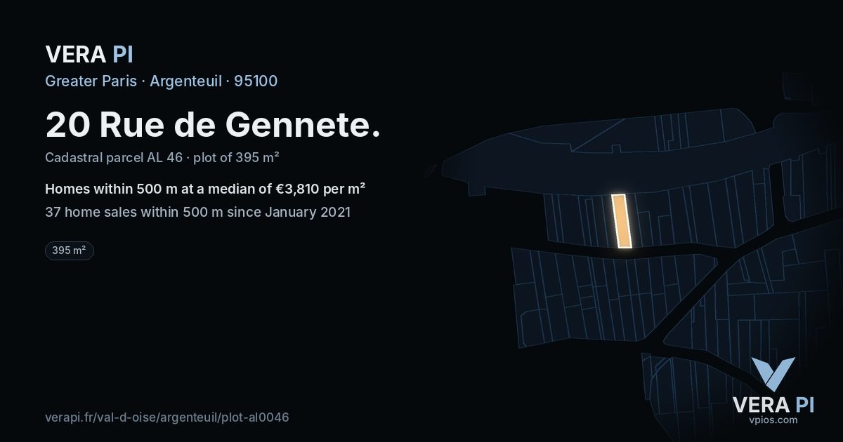 20 Rue de Gennete, Argenteuil at night – the plot lit, the parcels around coloured by the prices near them