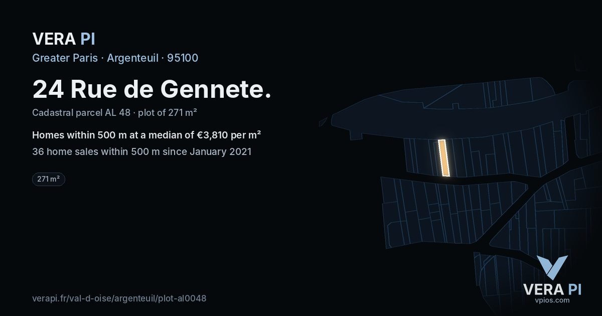 24 Rue de Gennete, Argenteuil at night – the plot lit, the parcels around coloured by the prices near them