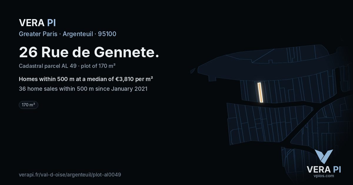 26 Rue de Gennete, Argenteuil at night – the plot lit, the parcels around coloured by the prices near them